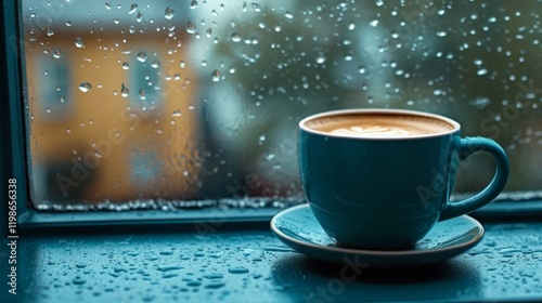 Blue Mug of Coffee with Raindrops on Window and Surface