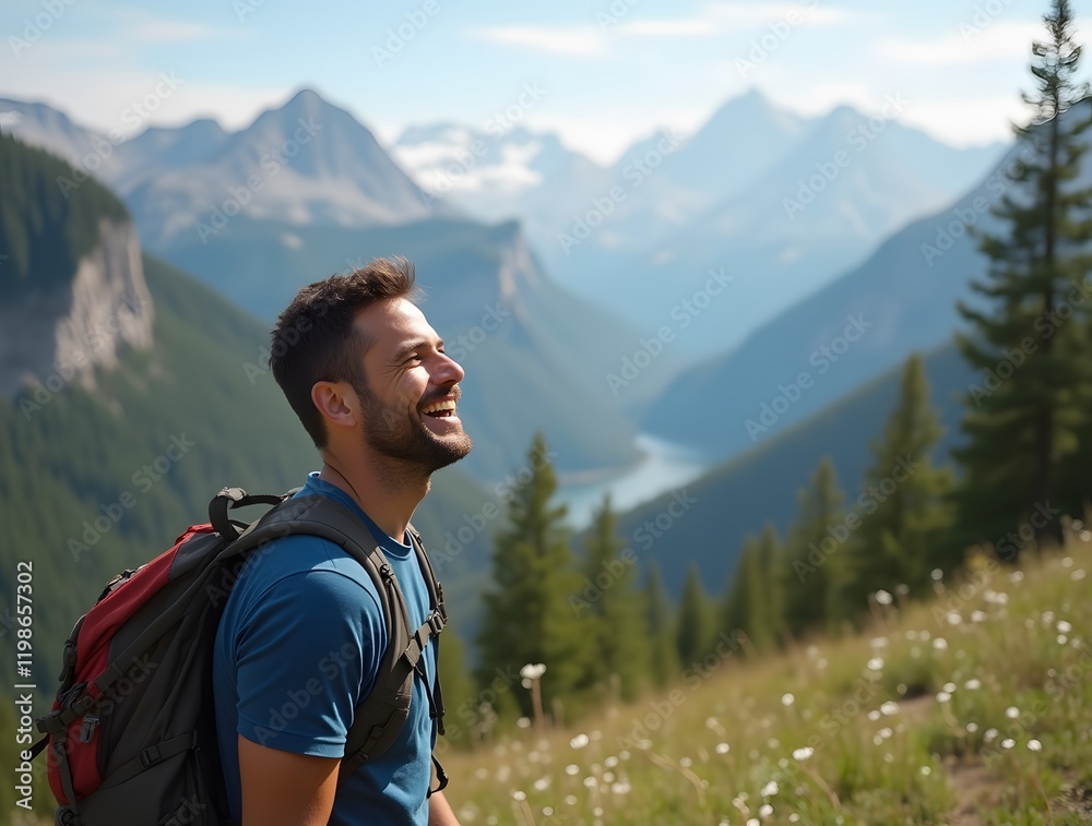 Happy Man Enjoying a Scenic Mountain View During a Hiking Adventure Happy Man Enjoying a Scenic Mountain View During a Hiking Adventure