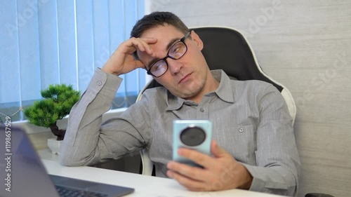 Freelancer Burnout. Tired Man Feeling Sleepy At Workplace In Home Office, Young Male Exhausted After Working Online On Laptop Computer, Having Problems With Remote Job,