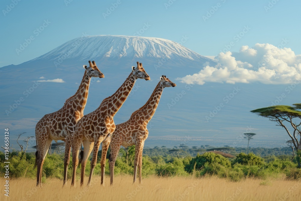 Fototapeta premium Three giraffes standing gracefully in front of Mount Kilimanjaro, showcasing the beauty of wildlife in Tanzania during a clear day