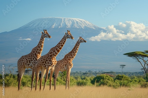 Three giraffes standing gracefully in front of Mount Kilimanjaro, showcasing the beauty of wildlife in Tanzania during a clear day