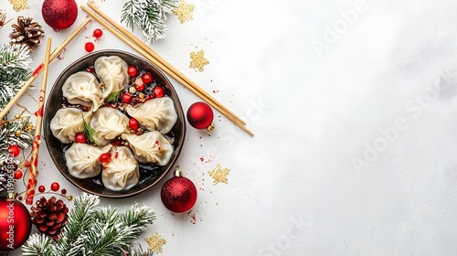 Elegant Dumplings and Chopsticks Display with Festive Accents on White Background