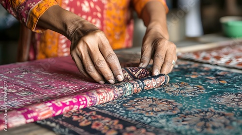 Hands carefully rolling intricately patterned fabric