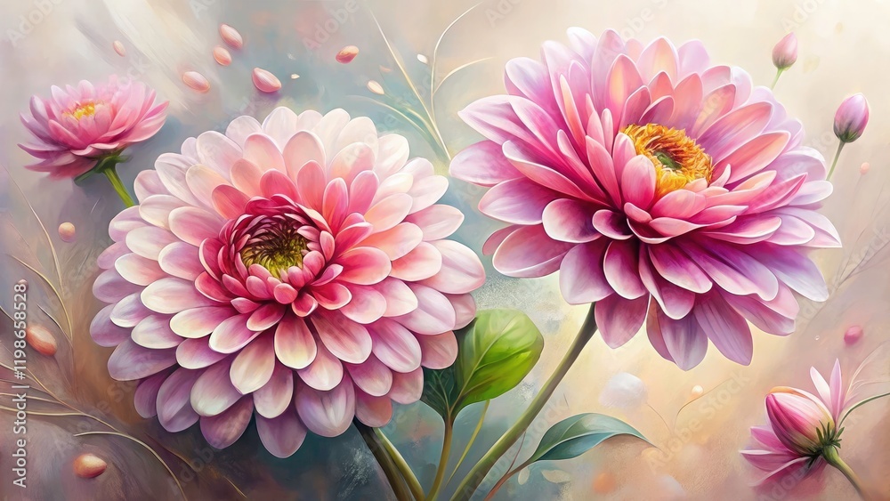 Obraz premium Pink Flower Painting, White Background, Floral Art, Botanical Illustration, Delicate Blooms, Romantic Flowers, Spring Flowers, Nature Painting, Minimalist Art, Fine Art Print