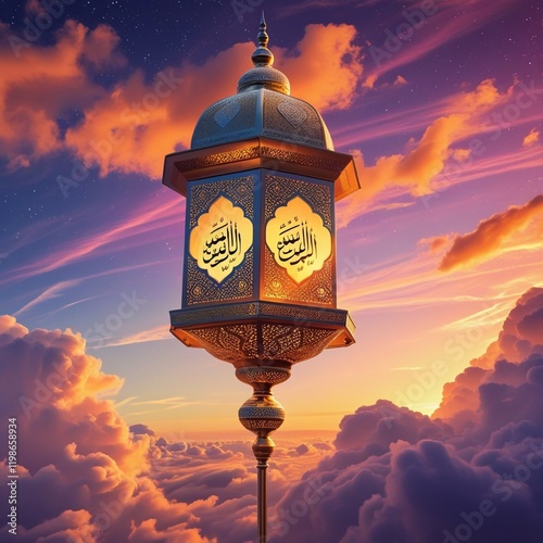 New 2025 Eid Mubarak background design, Ramadan Lantern Lamp with sunset sky, Islamic concept image. Generative Ai  photo