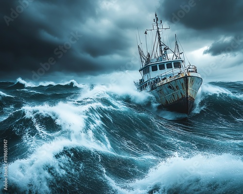 Epic journey of a refugee ship sailing through harsh ocean waters, battling stormy seas, symbolizing resilience and hope in adversity
