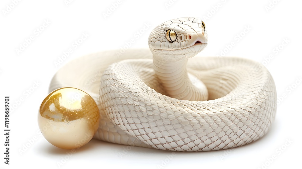 Fototapeta premium Coiled Snake Holding Glowing Golden Pearl on Bright White Surface