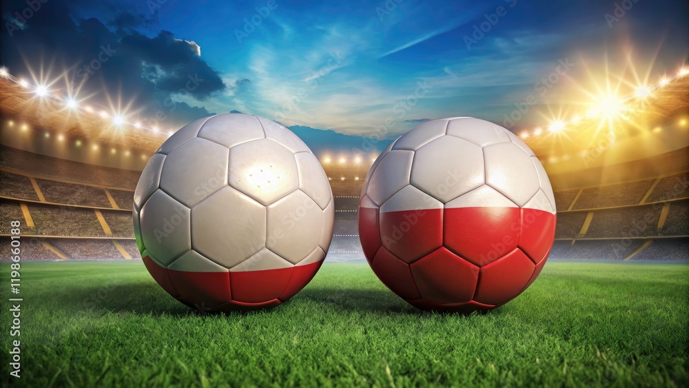 Naklejka premium Poland vs Austria Group D Soccer Match: 3D Render of Soccer Balls on Stadium Background