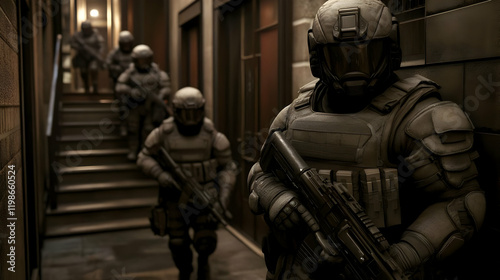 Futuristic Soldiers Advance Through Dark Hallway with Weapons Ready for Combat Mission