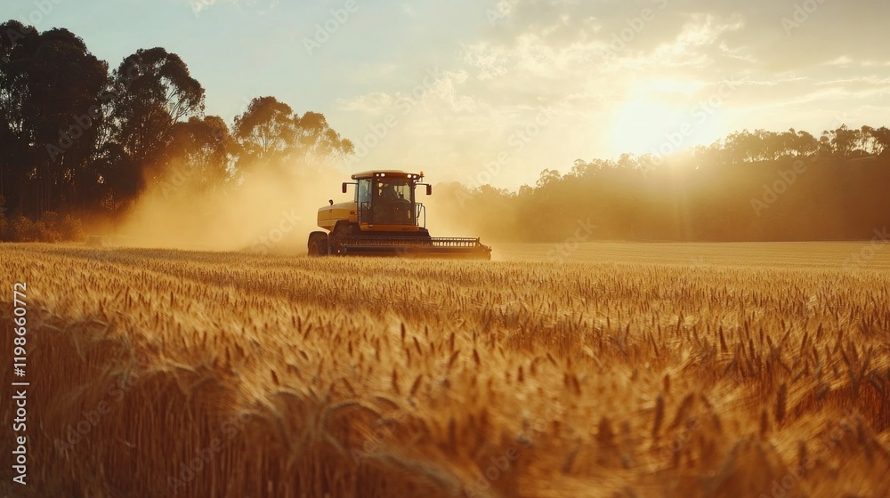Fototapeta premium Farm machinery harvesting a golden wheat field on a sunny day with dust rising in the air
