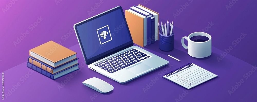 Isometric illustration of laptop desk setup with books, coffee, and stationery