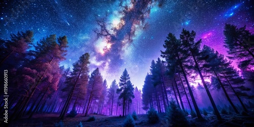 Mystical Starlit Forest: Purple & Blue Trees, Night Sky Photography