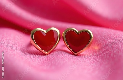 Gold stud earrings in the shape of a heart with red enamel on pink shiny satin. Romantic decoration. An idea for Valentine's Day photo