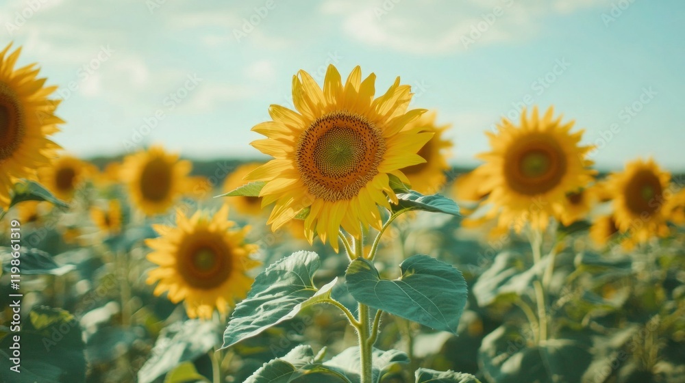 A bee pollinating bright yellow flowers in a blooming sunflower field under sunlight A bee pollinating bright yellow flowers in a blooming sunflower field under sunlight