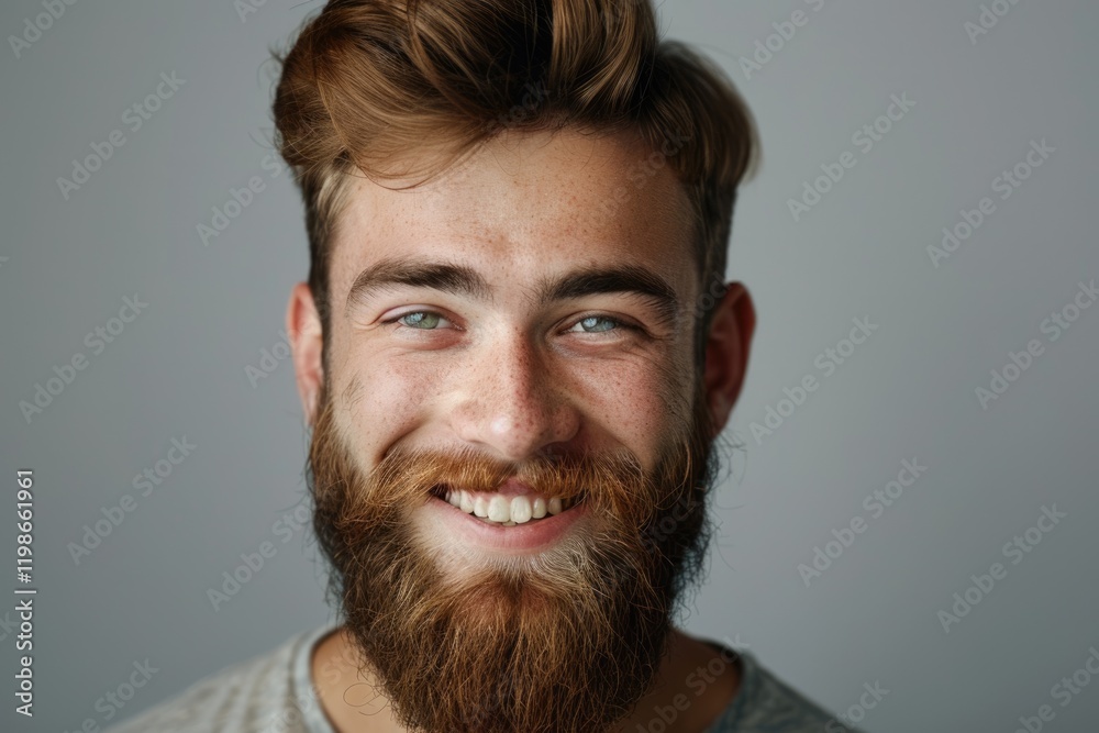 Obraz premium Handsome young man with beard and modern haircut smiling