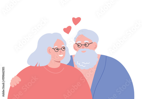 An elderly couple in love with gray hair. The old people are happy together. Vector graphics.