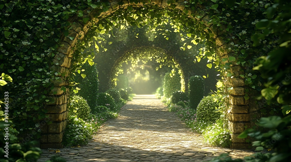 Sunlit stone archway garden path Sunlit stone archway garden path