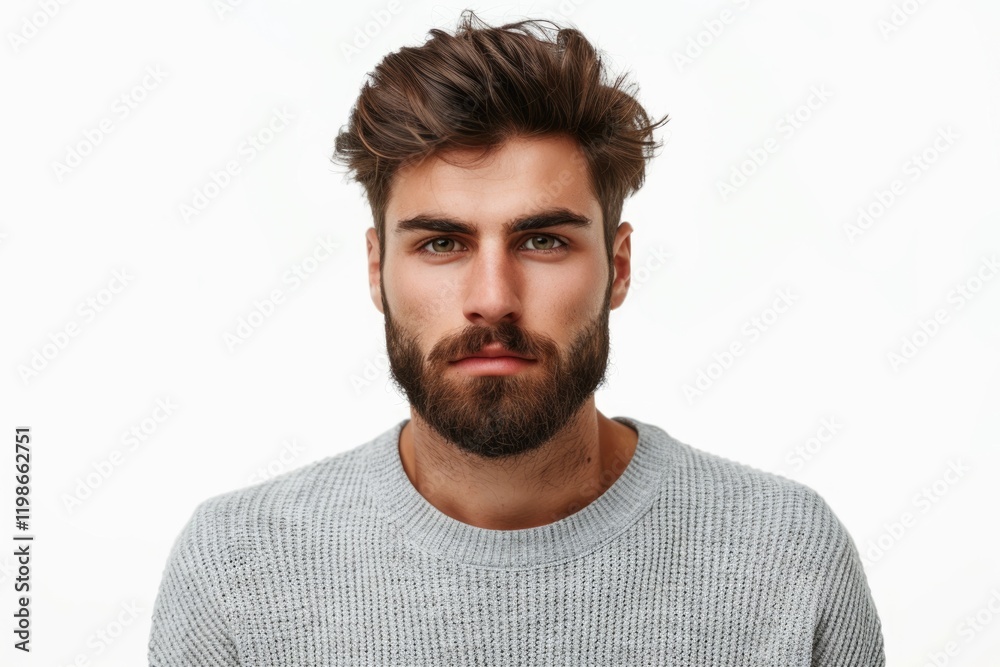 Obraz premium Serious young man in grey sweater listens attentively.