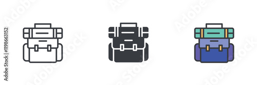 Hiking backpack different style icon set