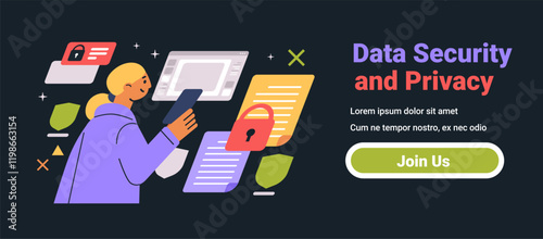 Data Security and Privacy concept colorful illustration of a person using a smartphone with security icons and documents on a dark background