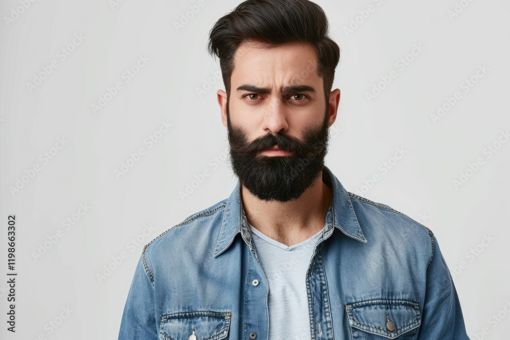 Obraz premium Confident hipster male model in denim shirt poses in studio.