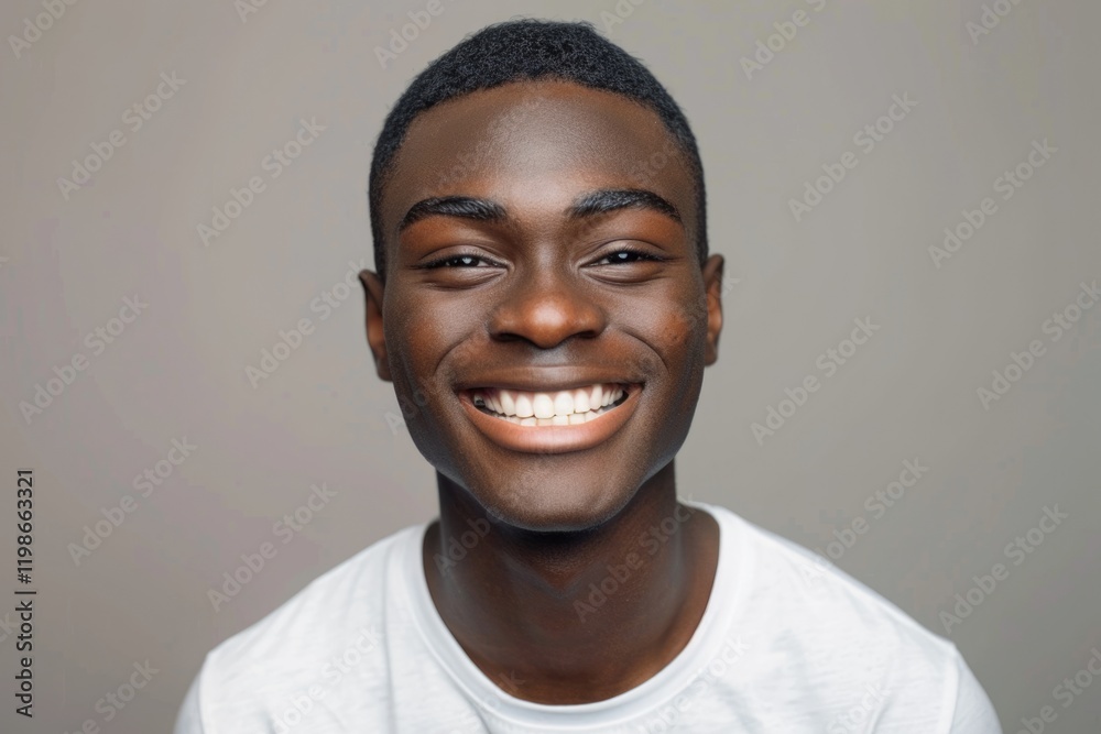 Obraz premium Happy African American entrepreneur with white teeth in white shirt.
