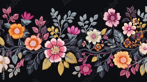 Wallpaper Mural 102.Ornate embroidery lace border design with harmonious arrangements of forest flowers, intricate leaves, and Mughal-style tree patterns, ideal for enhancing fabric necklines. Torontodigital.ca