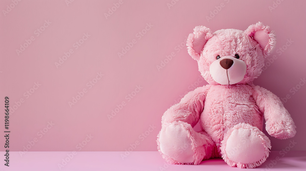 A pink backdrop features a pink stuffed toy with copy space