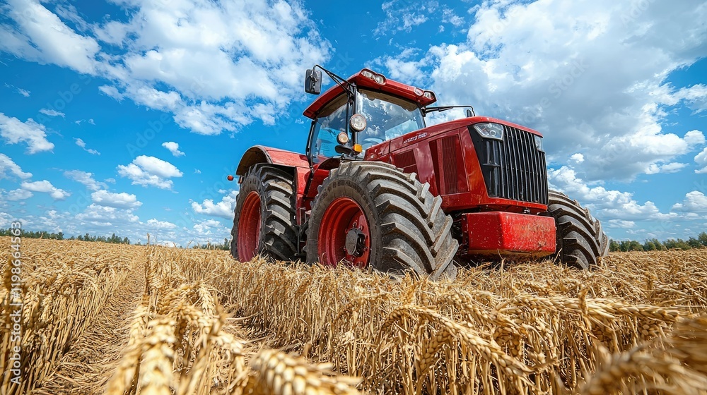 Obraz premium Red Tractor in a Harvested Wheat Field Under a Blue Sky