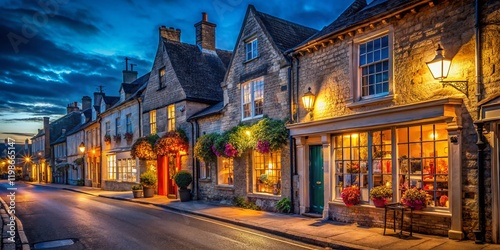Night Photography: Charming Businesses on Lechlade's High Street, Gloucestershire, UK photo