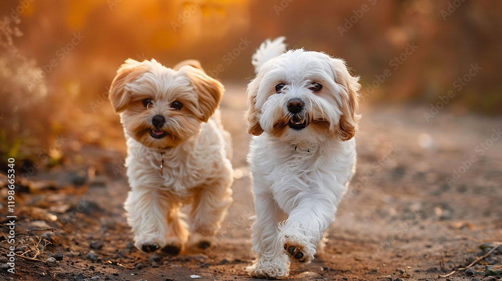 Bichon frise and shih tzu puppy strolling in the warm outdoors Bichon frise and shih tzu puppy strolling in the warm outdoors