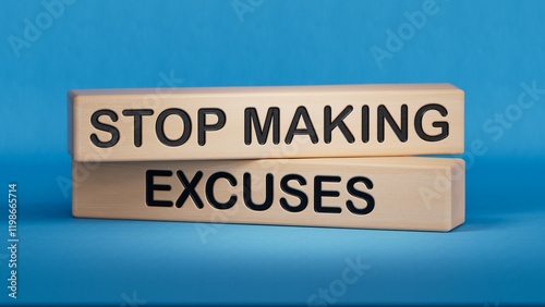 wooden cubes and a wooden block with the text STOP MAKING EXCUSES. Wooden cube blocks. Copy space.3D rendering on blue background.