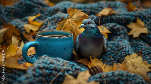 Cozy blue pigeon coffee mug on cozy knitted cloth with yellow leaves raining from the winter photo