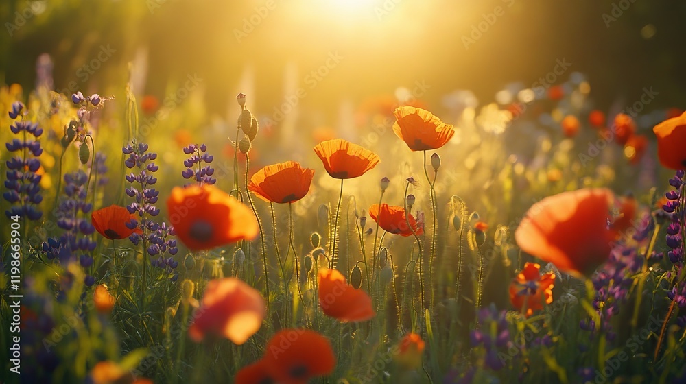 Obraz premium 28.Vast meadow filled with colorful wildflowers, primarily red poppies and violet lupines, photographed on film with warm sunlight casting a golden glow over the scene.