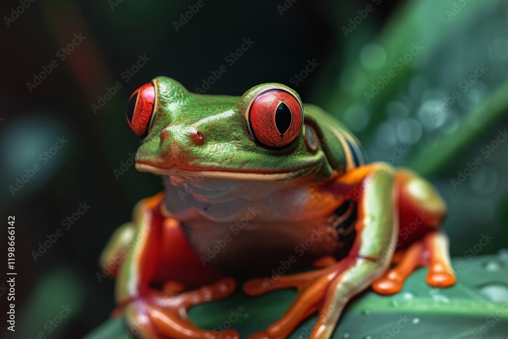 Red eye frog perched on a vibrant green leaf amidst a lush tropical environment, showcasing its striking features during a warm daylight hour in the rainforest Red eye frog perched on a vibrant green leaf amidst a lush tropical environment, showcasing its striking features during a warm daylight hour in the rainforest