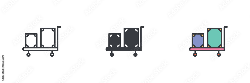 Hotel trolley with luggage different style icon set Hotel trolley with luggage different style icon set