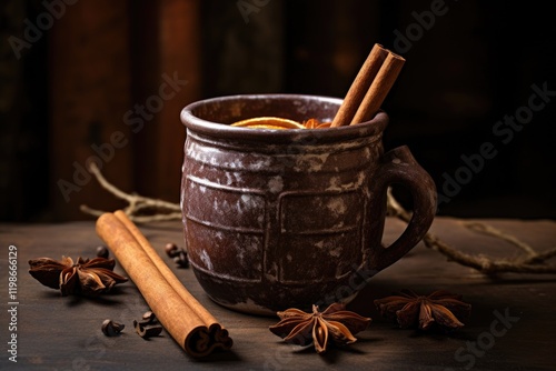 A rustic ceramic mug filled with aromatic mulled wine adorned with spices, perfect for cozy evenings during winter gatherings by the fireplace photo