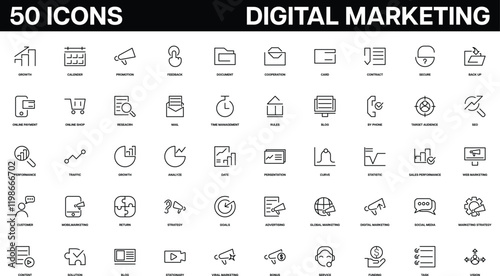 Digital marketing set of web icons in line style.