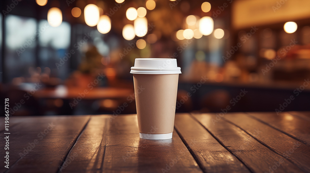 A realistic mockup of a empty paper coffee cup, placed on a wooden counter in a cozy nature café setting. The background features warm lighting, blurred café elements such as tables, chairs, and coffe A realistic mockup of a empty paper coffee cup, placed on a wooden counter in a cozy nature café setting. The background features warm lighting, blurred café elements such as tables, chairs, and coffe