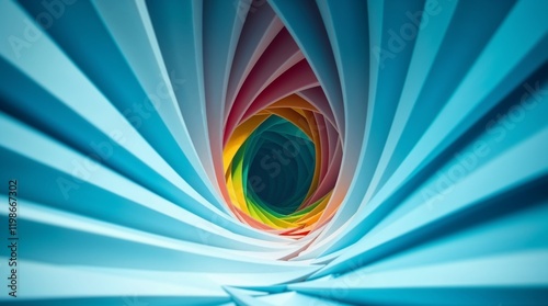 An intricate origami style high angle perspective image, a vortex of color looking down from an elevated position, with a folded paper look and geometric precision.