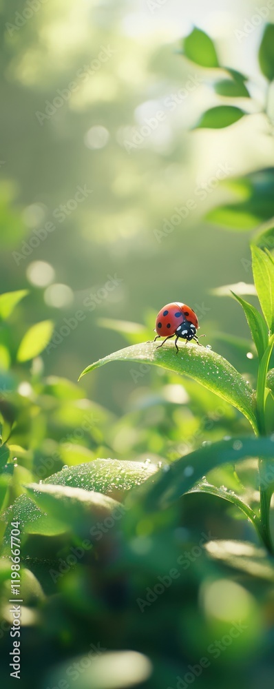Ladybug on leaf, sunlit garden, bokeh background, nature imagery Ladybug on leaf, sunlit garden, bokeh background, nature imagery