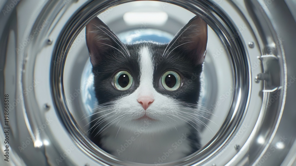 A curious black and white cat peers through a washing machine drum, showcasing wide eyes and a playful demeanor.