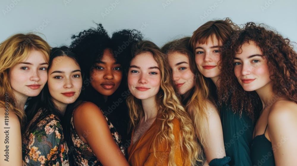 Obraz premium Diverse group of women celebrating friendship on solid white background