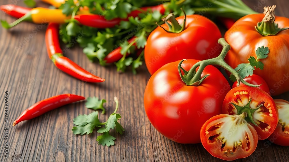 Fresh chili peppers, onion, and a ripe tomato arranged on a wooden table with fresh coriander leaves sprinkled on top, vibrant, organic
