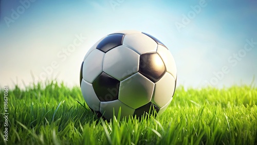 Soccer Ball on Grass, Isolated White Background - Stock Photo, Sports Photography, Green Field