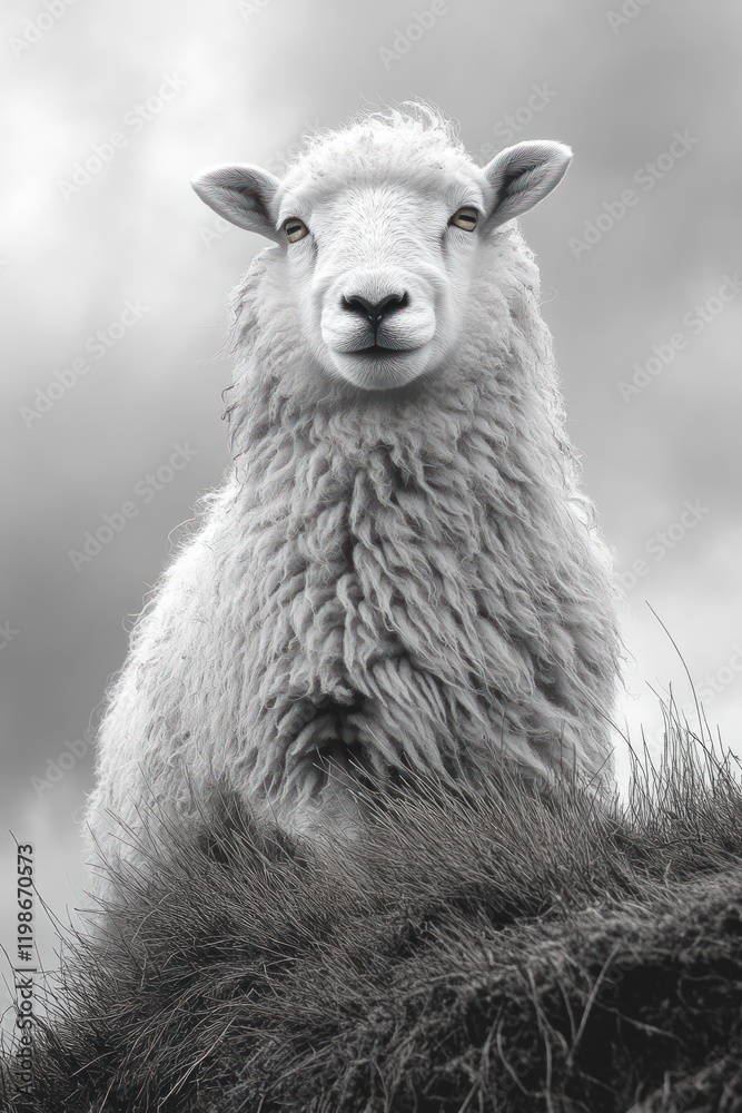 Fototapeta premium Fluffy white sheep, gazing, atop grass.