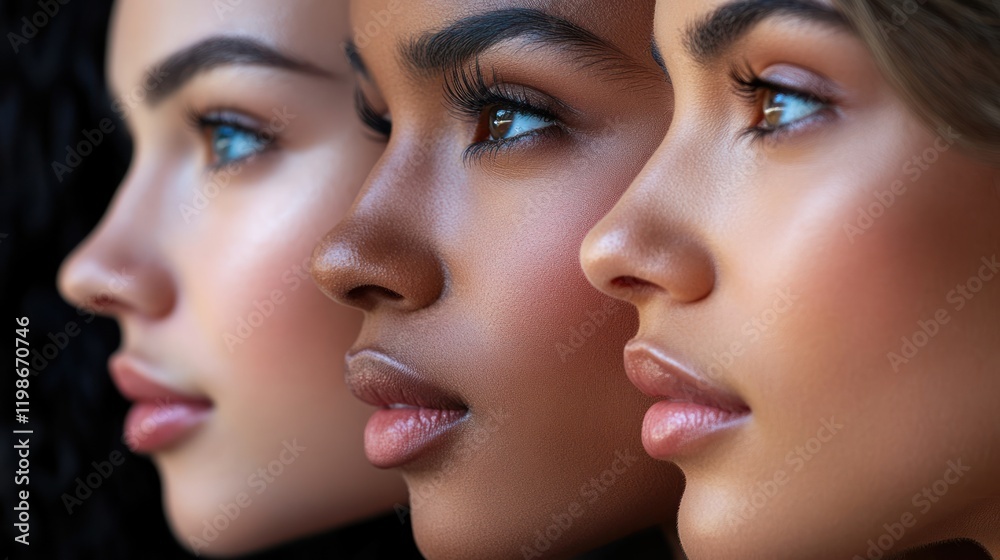 Female friends representing various skin tones. Female friends representing various skin tones.