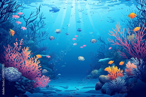 Vibrant Underwater Scene with Coral Reef and Schools of Colorful Fishes photo