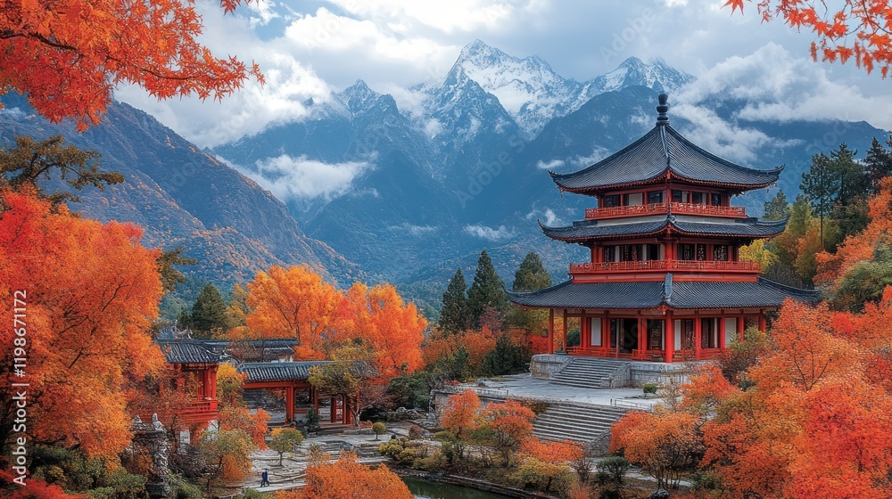 Autumnal Pagoda, Mountain Landscape, China, Travel Poster Autumnal Pagoda, Mountain Landscape, China, Travel Poster