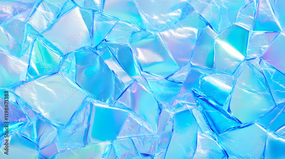 Naklejka premium Iridescent Shattered Glass Texture Forms a Shimmering, Icy Background with Prismatic Hues.